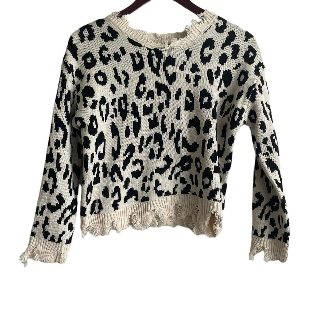 Belle du Jour Girls Sweater L Cream Black Cheetah Print Crew Distressed Pullover